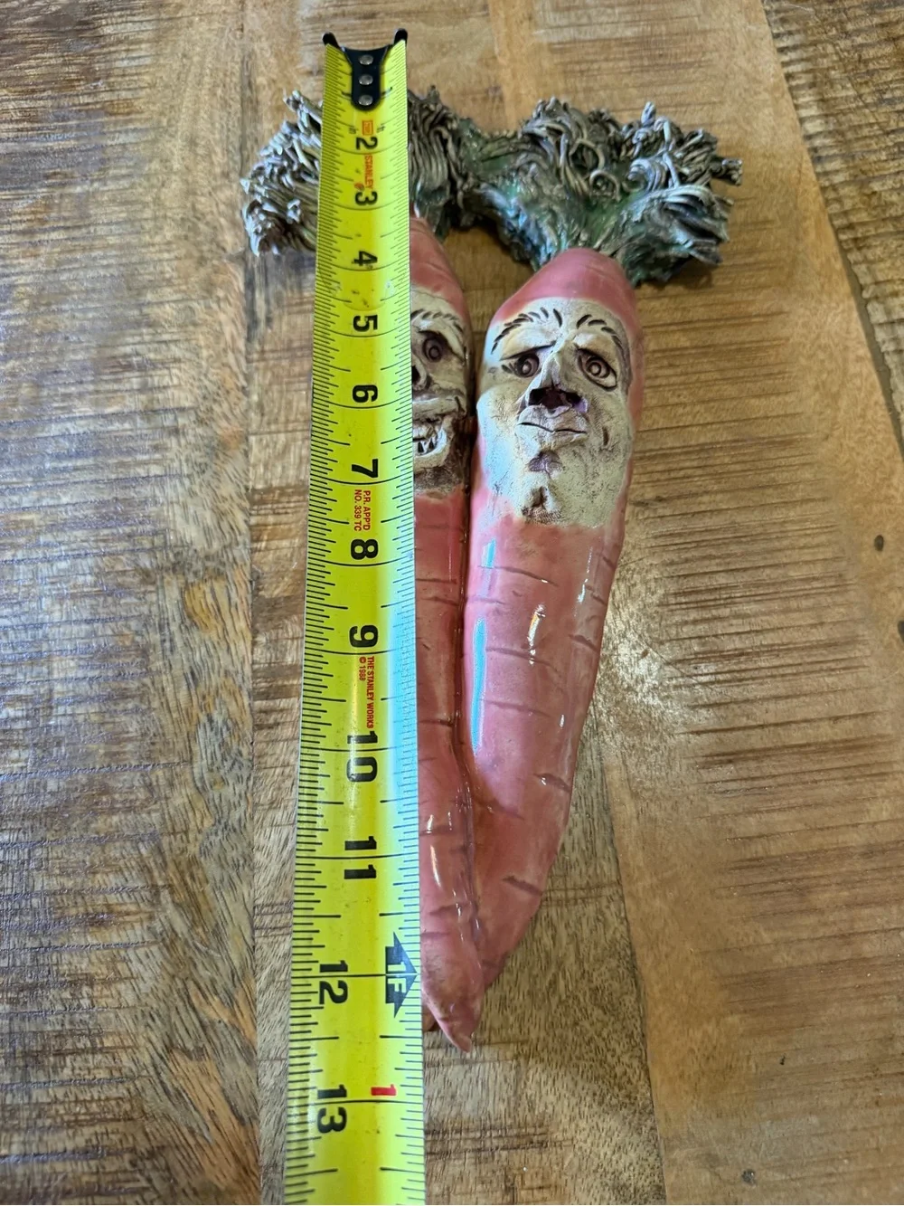 2 Face Anthropomorphic 3D Carrots Signed Clay Pottery Vintage 2000, 12.5”x5” EUC